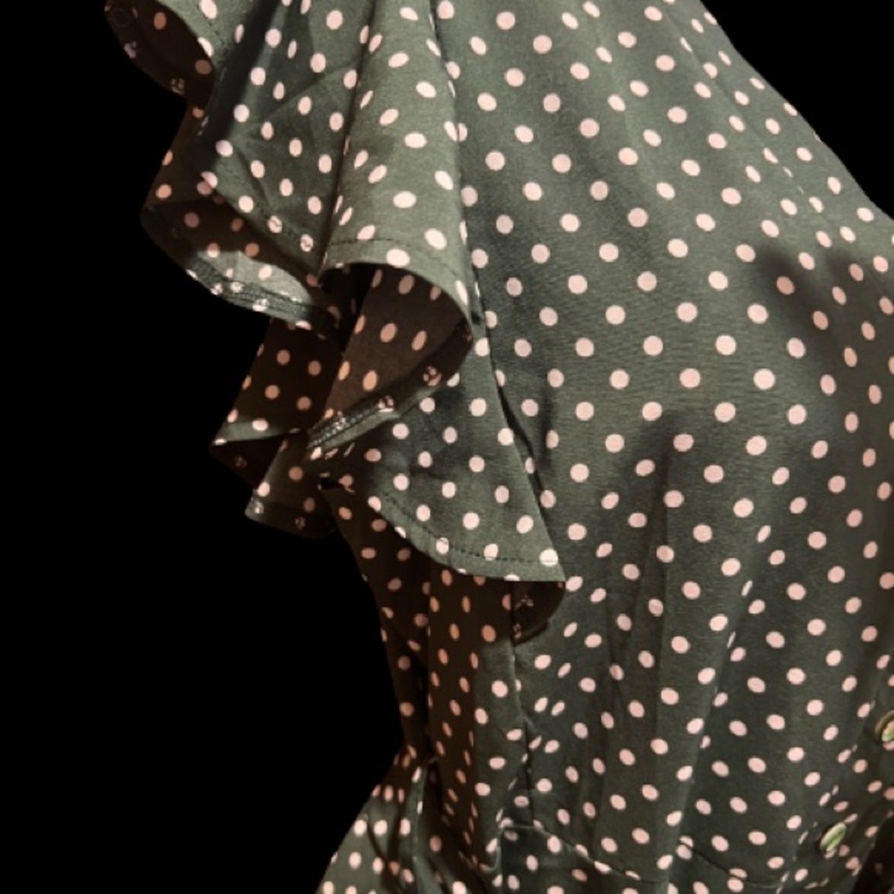 Flutter Sleeve, Button-Down, Green Polka Dot Midi… - image 7